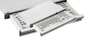 IQ Automation Edelstahltastatur in einer 1HE Tastaturlade für den 19-Zoll Server- oder Schaltschrank - verschiedene Tasten-Layouts erhältlich.